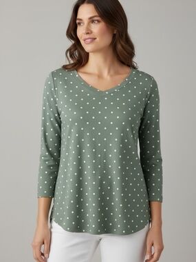 J. Jill Pima Three Quarter Sleeve Teal Green Polka Dot V-Neck Long Sleeve Top